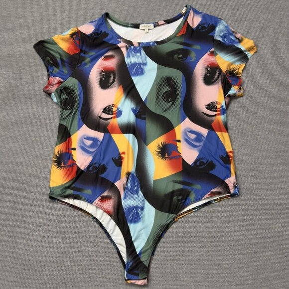 Urban Rose Womens Multicolor Graphic Print Bodysuit Short Sleeve Size 3X NWT - Picture 1 of 11
